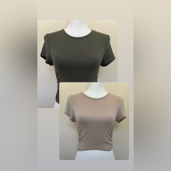 antistar Tops - Antistar Pair of Cropped, Lightweight Tees (1 Forest Green, 1 Taupe), Size M
